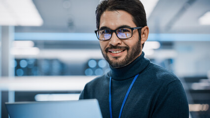 Aufkleber - Close Up Portrait of a Talented Latin Man Looking at Camera and Charmingly Smiling. Hispanic Businessman at Work, Information Technology Manager, Software Developer Professional.