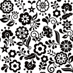 Wall Mural - Floral seamless vector pattern inspired by traditional folk art embroidery designs from Mexico - textile or farbic print ornament in black and white
 