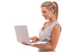 © Tasneem/peopleimages.com - Laptop, typing and profile of business woman review financial portfolio, stock market or online investment. Economy, bitcoin mining or trader trading crypto, forex or nft on white background studio