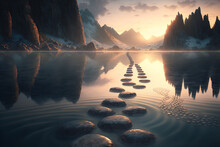 A Row Of Stepping Stones In The Water At Sunset, Generative AI