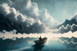 A man in a row boat floating in the clouds, Generative AI