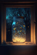 Jar filled with irate sparkling fireflies, constantly glowing in bioluminescence, on a wooden window shelf, by night. Generative AI.