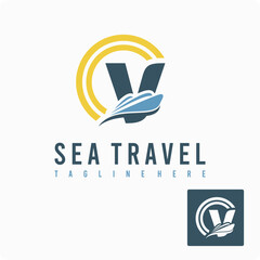 Wall Mural - Initial V Letter with Ship Marine, Wave and Sun Icon for Travel Holiday Agency Business Logo Idea Template