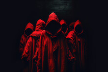 Hooded Red Figures Gathering In A Dark Room. Generative Ai