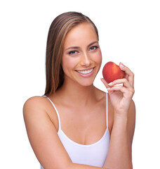 Canvas Print - Red apple and woman with teeth health isolated on white background for natural, wellness and dental advertising. Beauty, model portrait and hand holding fruit for teeth whitening results in studio