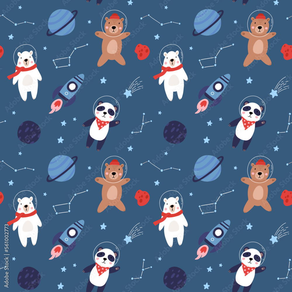 Seamless pattern with cute bear astronauts in space, planets, stars ...