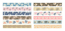 Washi Tapes Flowers Collection. Colorful Scrapbook Stripes, Sticky Label Tags And Decorative Scotch Strip With Floral Abstract Elements. Transparent Background. PNG. Digital Stickers For Planner