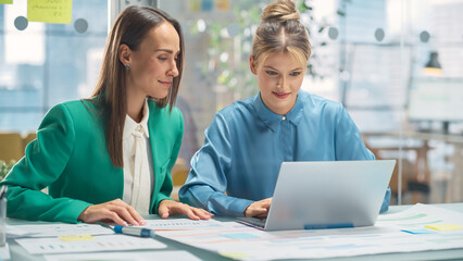 Leinwandbilder - Portrait of Two Caucasian Smiling Women Collaborating and Working on a Laptop Computer in a Bright Office. Two Female Data Analysts Developing a Project and Preparing a Presentation. Teamwork Concept