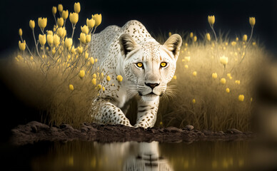 Wall Mural - magnificent cheetah in the savannah drinking at waterhole, wildlife animal background.