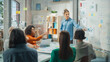 © Gorodenkoff - Beautiful Female Manager Holding a Meeting in a Conference Room at a Creative Agency Office. Caucasian Woman Using Whiteboard and Mindmapping Technic to explain Company's Commerce Strategy