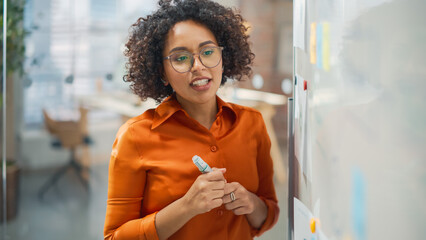Aufkleber - Portrait of a Beautiful Black Woman in Smart Casual Clothes Doing a Presentation in a Meeting Room for her Colleagues. Female Manager Answering Questions and Writing on White Board