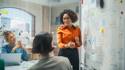 Poster - Diverse Office Conference Room Meeting: Successful Black Female Executive Director Presents e-Commerce Fintech Growth Statistics to a Group of Investors. Whiteboard with Big Data Analysis