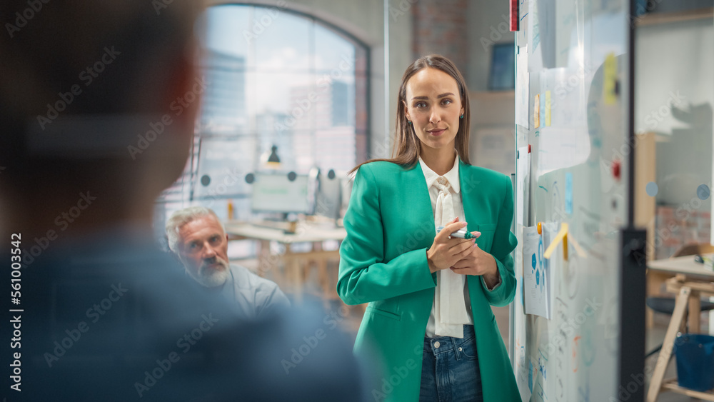 Female Project Manager Makes a Presentation for a Diverse Creative Team ...