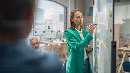 Driven Visionary Businesswoman Leading a Team Meeting in Creative Office Conference Room. Excited Caucasian Female Does a Presentation Using Whiteboard to Explain and Answer Questions