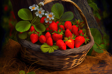 Wall Mural - Tasty Strawberry in a wattled basket on the Wood glade