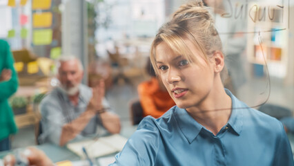 Poster - Portrait of Caucasian Female Manager Writing on Glass Board and Brainstorming with Team in a Stylish Meeting Room in Creative Office. Team of Multi-Ethnic Professionals Focused on a Presentation