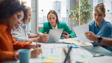 Leinwandbilder - Office Meeting in Conference Room: Multiethnic Group of Professional Lawyers Talk about Firm Strategy. Ambitious, Creative Start-up Team Discuss Plans for Company Growth, Share Information and Ideas