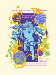 Poster - Design for a poster featuring an angel illustration with mystic smoke and cosmic abstract planets, including a slogan print