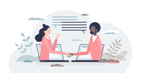 Wall Mural - Virtual deal with distant online agreement handshake tiny person concept, transparent background. Working from home communication using internet.