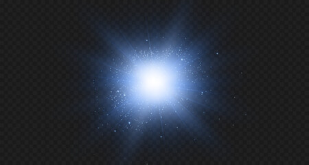 Blue star, bright particles, burning blue lights, stars, lasers, blue flash.