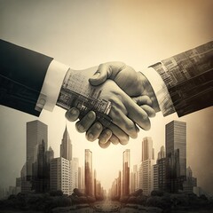 The double exposure handshake businees and city.Generative AI