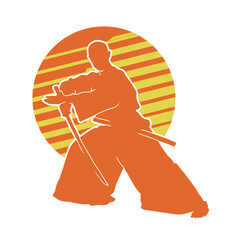 Sticker - Vector silhouette of a Chinese wushu fighter with a long sword in hand.