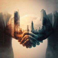 Wall Mural - The double exposure handshake businees and city.Generative AI