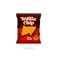 spicy hot snack tortilla chips bag plastic packaging design illustration icon for food and beverage business, potato snack branding element logo vector.