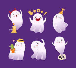 Poster - Set of cute friendly ghosts. Funny Halloween character in different activities cartoon vector