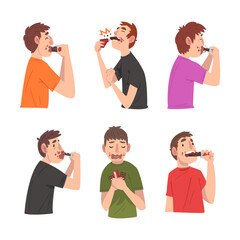 Poster - Funny men eating chocolate set. Funny male characters with mouth stained with chocolate. People addicted of sweets cartoon vector illustration