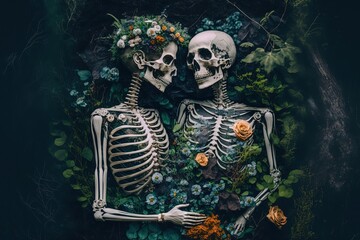 beautiful skull skeleton of lover in forest, cuddle lay on ground together with flowers and floral ,