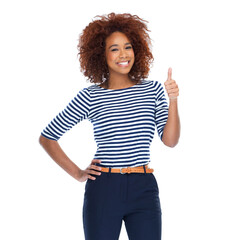 Wall Mural - Thumbs up, happy and portrait of a black woman in a studio with a casual, stylish and cool outfit. Fashion, smile and African female model with an approval gesture isolated by a white background.