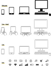 Device Icon In Flat Design. Smartphones, Tablets, Laptops And Desktop Computers. A Scene Operating The Device.
