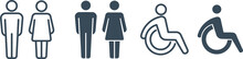 WC Signs Set. Toilet Icons Set, Symbol Of Man, Woman And People With Disabilities. WC Signs, Toilet Signs On Transparent Background. PNG Image