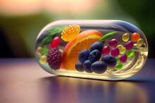 Pill With Fruits, Conceptual Ai Illustration. Biological Active Additives, Vitamins