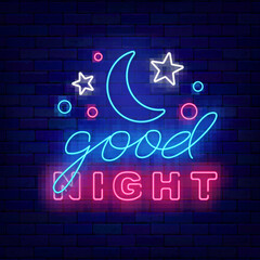 Wall Mural - Good night neon signboard. Glowing invitation on brick wall. Dream wishing. Sleep concept. Vector stock illustration