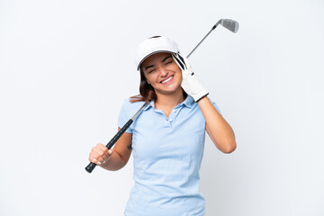 Wall Mural - Young caucasian woman playing golf isolated on white background smiling a lot