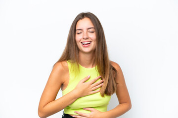 Wall Mural - Young caucasian woman isolated on white background smiling a lot