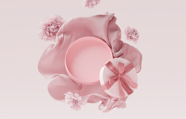 3d background display, open gift box. cosmetic product presentation. nature pastel peony flower. pin