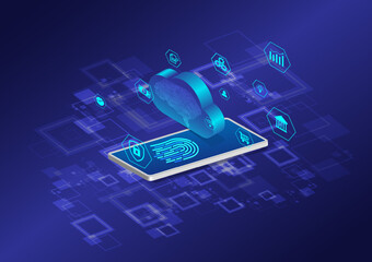 Poster - Abstract background technology security system fingerprint scan with smartphone login
cloud computer In shopping, finance, storage, investment, banking, various icons. and overlapping squares