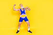 Full length photo of confident narcissistic person arm flex biceps point finger self isolated on yellow color background