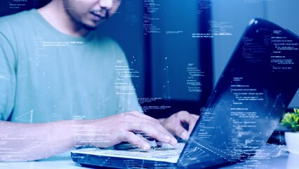Fototapete - Man uses a laptop computer to log in to an internet network to communicate via digital technology. Access to online business contacts with password protection of personal data for cyber security.
