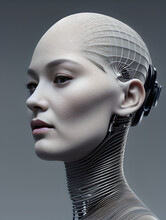 A Picture Of An Artificial Inteligens As It Describes Itself - Porcelain Face On A Robot Body With Machine Parts, Cables And Tubes