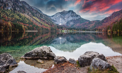 Aufkleber - Fantastic Vivid nature landscape. Scenic image of Langbathsee lake during sunset. Popular travel and hiking destination. Picture of wild area. Awesome nature Background. Concept of ideal resting place