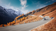 Awesome Alpine Highland In Sunny Day. Colorful Spring Scene. Summer View Of Asphalt Road Grossglockner High Alpine Road. Amazing Natural Scenery In High Tauern National Park. Picture Of Wild Area