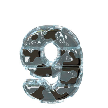 Metal letters in ice. number 9