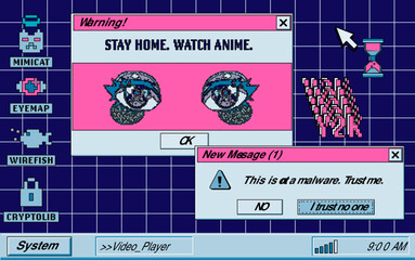 Poster - Screen of a computer with open tabs and a video player that shows anime. Vector illustration in collage vaporwave city-pop style.