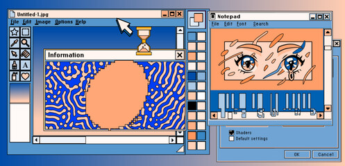 Poster - Screen of a computer with open tabs and a video player that shows anime. Vector illustration in collage vaporwave city-pop style.