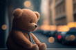 A sad teddy bear looks out the window. Concept of longing and loneliness. Generative AI