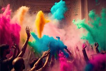 Crowd Throwing Bright Coloured Powder Paint In The Air, Holi Festival Dahan , Ai Generated